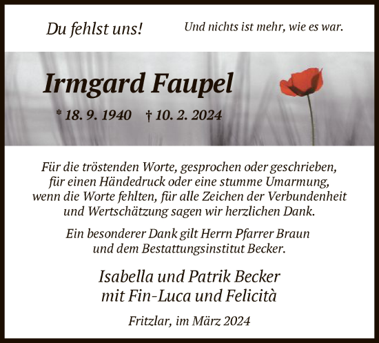 Todesanzeige von Irmgard Faupel von HNA