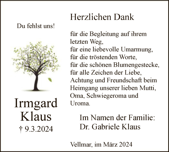 Todesanzeige von Irmgard Klaus von HNA