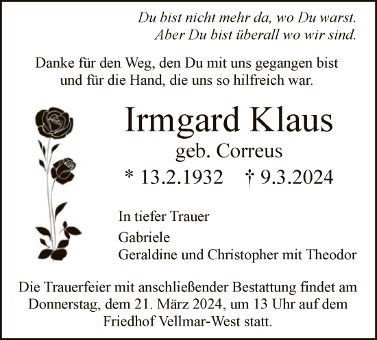 Todesanzeige von Irmgard Klaus von HNA