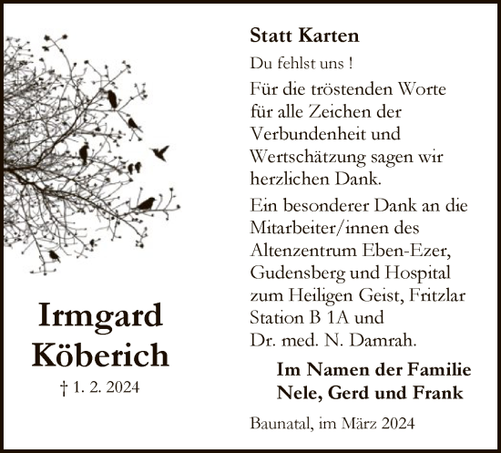 Todesanzeige von Irmgard Köberich von HNAHNA
