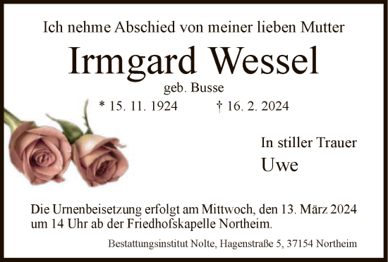 Todesanzeige von Irmgard Wessel von HNA