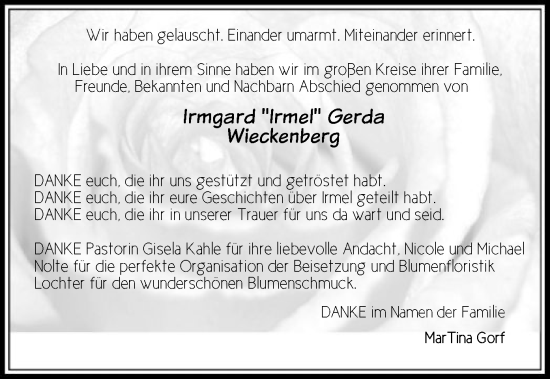 Todesanzeige von Irmgard Gerda Wieckenberg von HNA