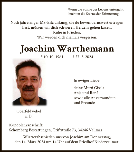 Todesanzeige von Joachim Warthemann von HNA