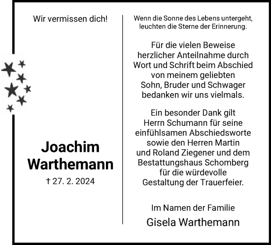 Todesanzeige von Joachim Warthemann von HNA