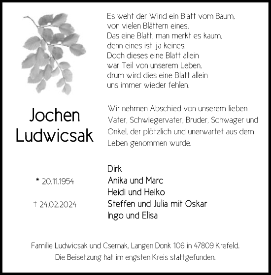 Todesanzeige von Jochen Ludwicsak von HNA