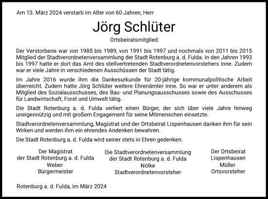 Todesanzeige von Jörg Schlüter von HNA