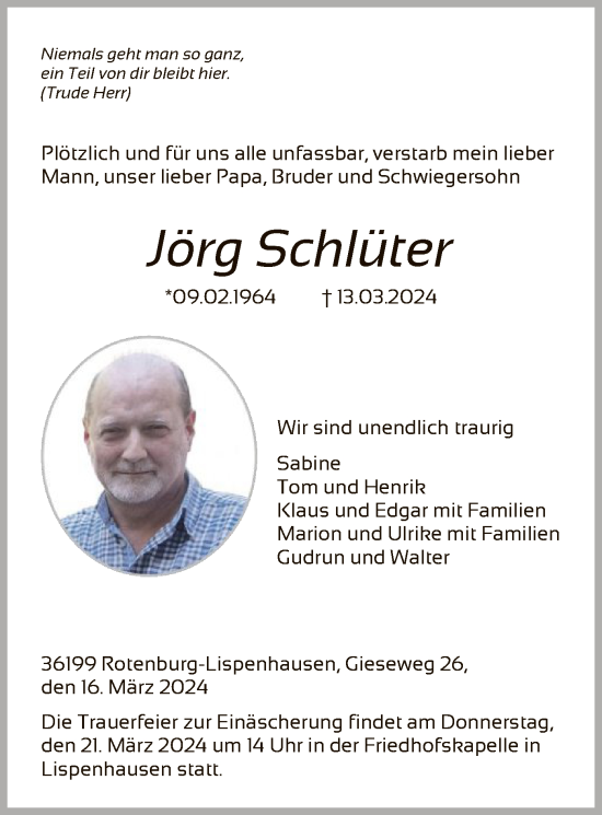 Todesanzeige von Jörg Schlüter von HNA