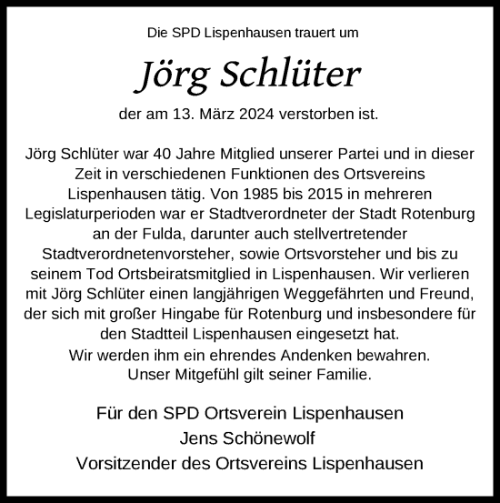 Todesanzeige von Jörg Schlüter von HNA