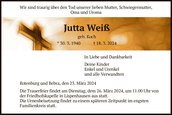 Todesanzeige von Jutta Weiß von HNAHNA