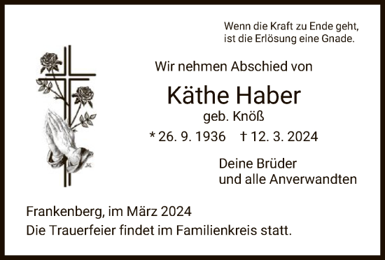 Todesanzeige von Käthe Haber von HNA