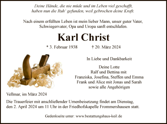 Todesanzeige von Karl Christ von HNA