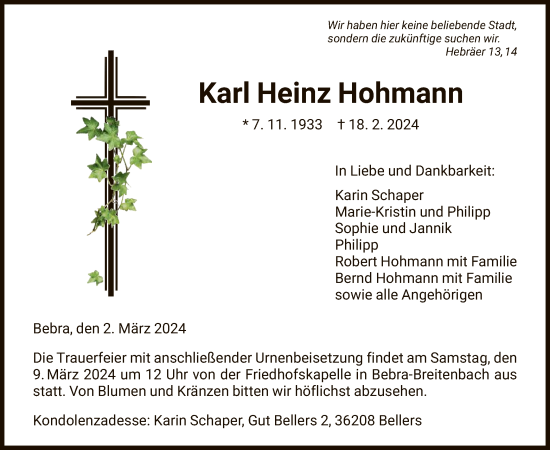 Todesanzeige von Karl Heinz Hohmann von HNA