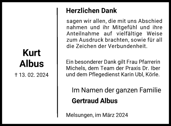 Todesanzeige von Kurt Albus von HNA