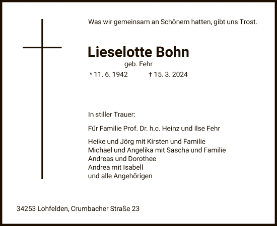 Todesanzeige von Lieselotte Bohn von HNA