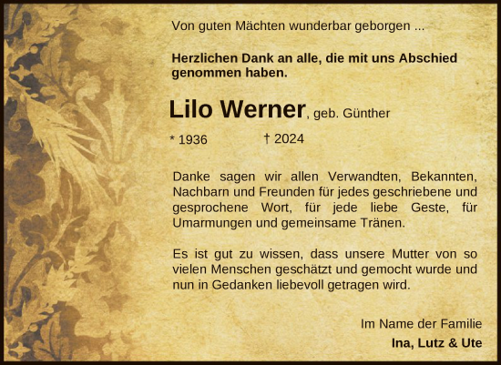 Todesanzeige von Lilo Werner von HNA