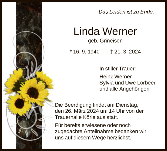 Todesanzeige von Linda Werner von HNA