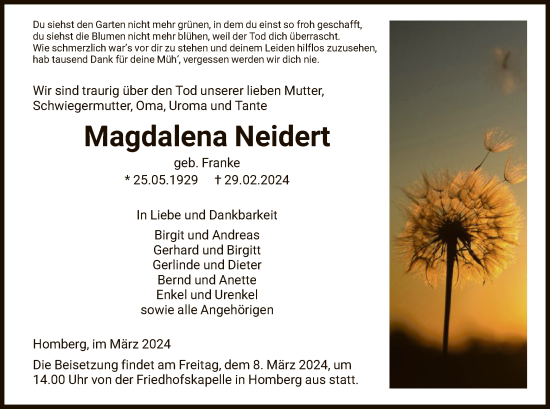Todesanzeige von Magdalena Neidert von HNA