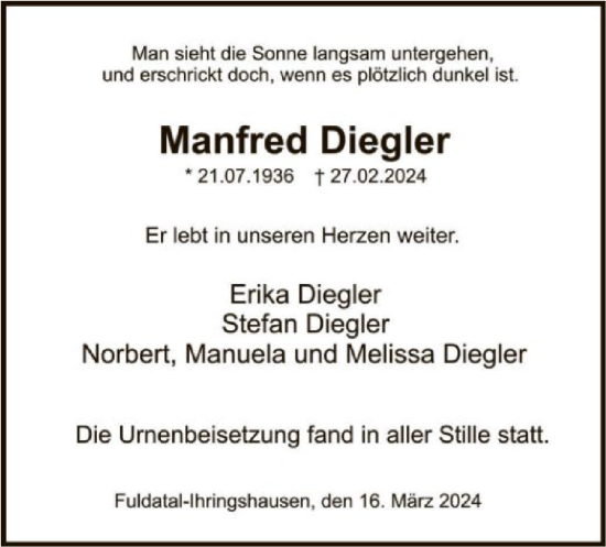 Todesanzeige von Manfred Diegler von HNA