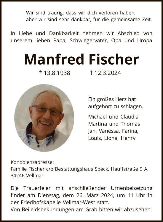 Todesanzeige von Manfred Fischer von HNA