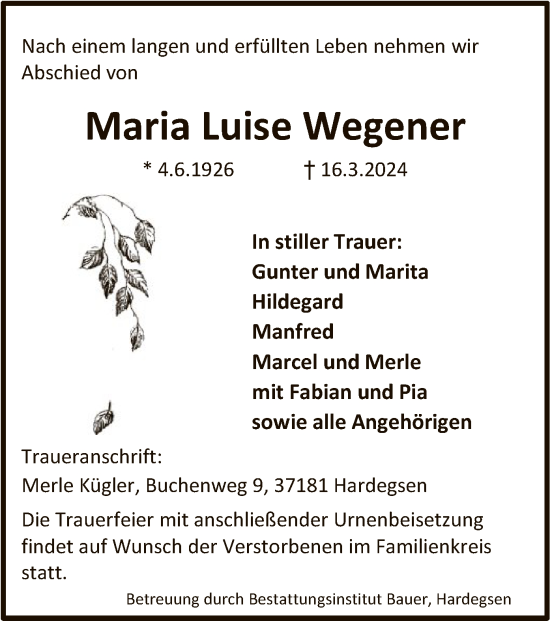 Todesanzeige von Maria Luise Wegener von HNA