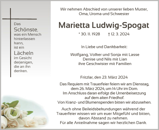 Todesanzeige von Marietta Ludwig-Spogat von HNA