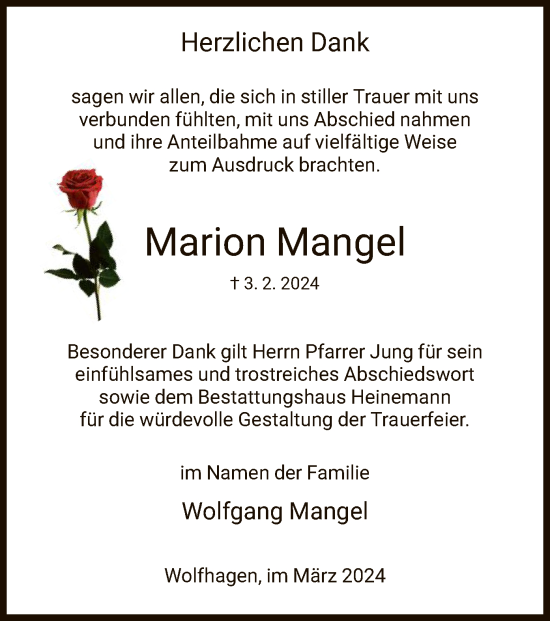 Todesanzeige von Marion Mangel von HNA