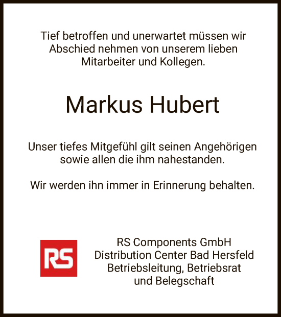 Todesanzeige von Markus Hubert von HNA