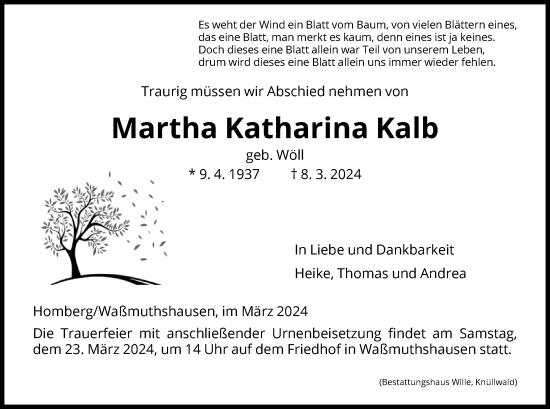 Todesanzeige von Martha Katharina Kalb von HNA
