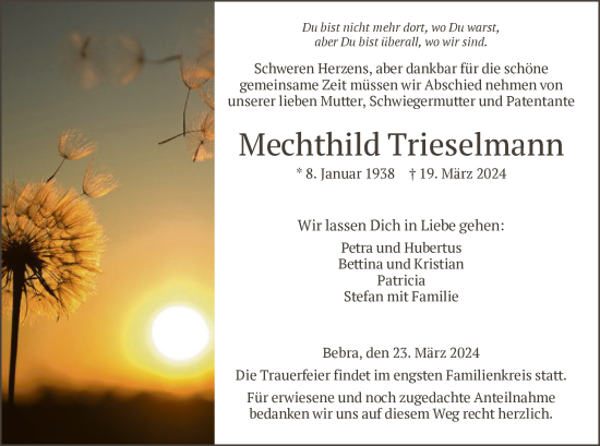 Todesanzeige von Mechthild Trieselmann von HNA