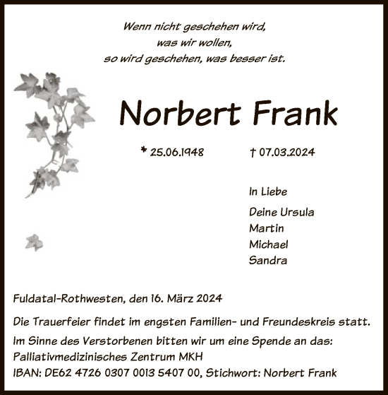 Todesanzeige von Norbert Frank von HNA