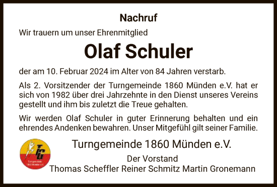 Todesanzeige von Olaf Schuler von HNA