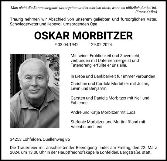 Todesanzeige von Oskar Morbitzer von HNAHNA