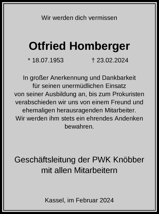 Todesanzeige von Otfried Homberger von HNA