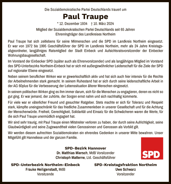 Todesanzeige von Paul Traupe von HNA
