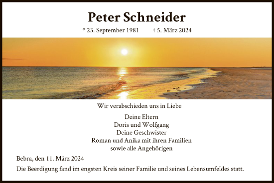 Todesanzeige von Peter Schneider von HNA