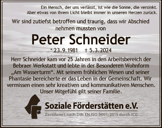 Todesanzeige von Peter Schneider von HNA