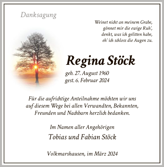 Todesanzeige von Regina Stöck von HNA