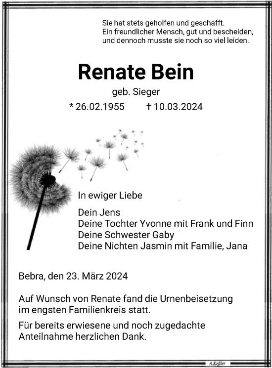 Todesanzeige von Renate Bein von HNA