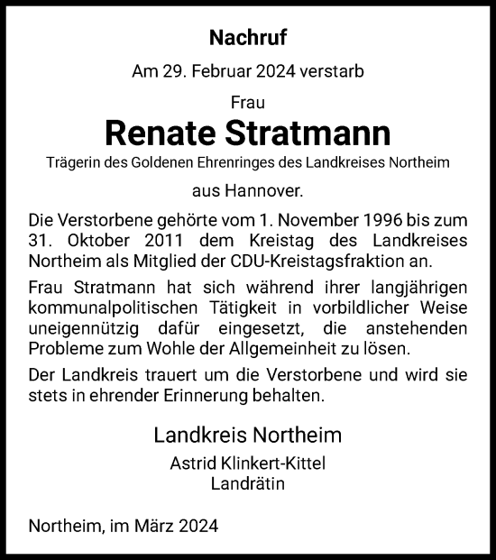 Todesanzeige von Renate Stratmann von HNA