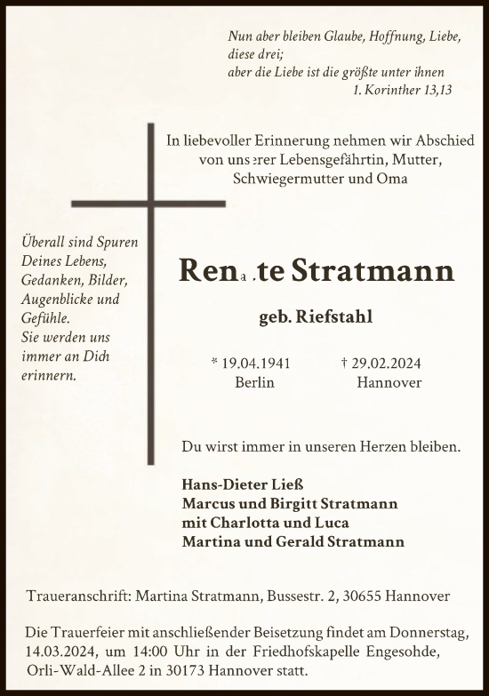 Todesanzeige von Renate Stratmann von HNA