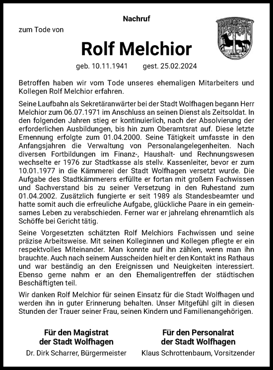 Todesanzeige von Rolf Melchior von HNA