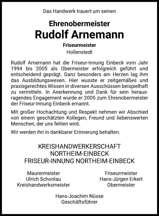 Todesanzeige von Rudolf Arnemann von HNA