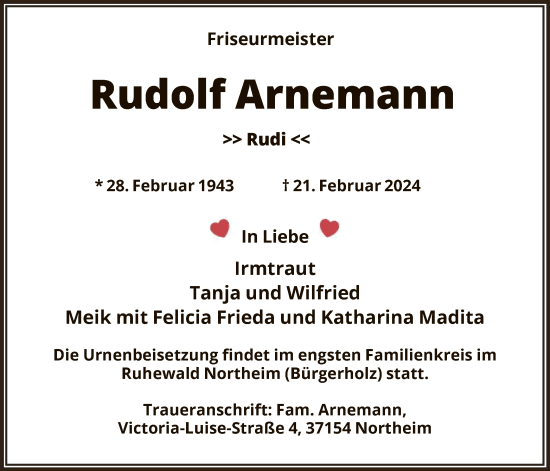 Todesanzeige von Rudolf Arnemann von HNA