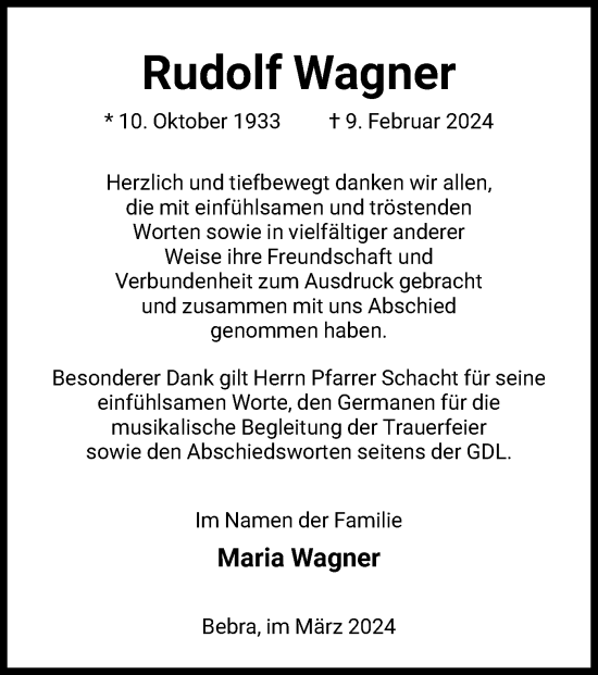 Todesanzeige von Rudolf Wagner von HNA
