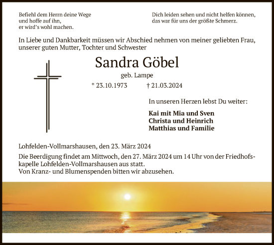 Todesanzeige von Sandra Göbel von HNA