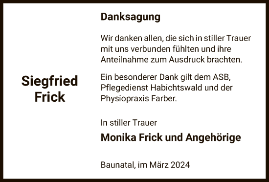 Todesanzeige von Siegfried Frick von HNA