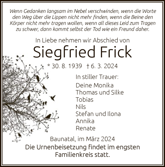 Todesanzeige von Siegfried Frick von HNA