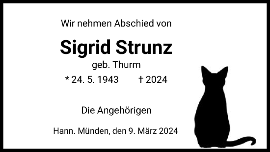 Todesanzeige von Sigrid Strunz von HNA