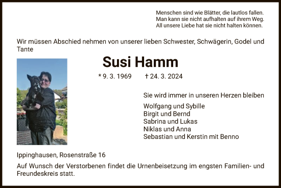 Todesanzeige von Susi Hamm von HNA