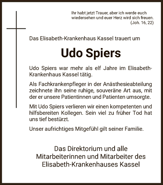 Todesanzeige von Udo Spiers von HNA